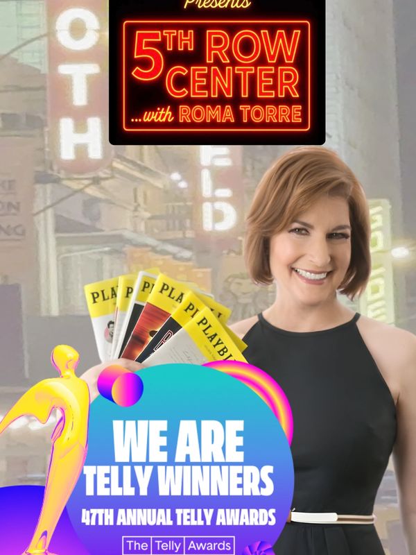 Roma Torre celebrating Telly Award wins with playbills.