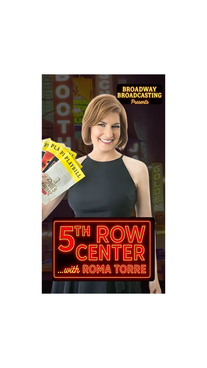 Roma Torre holding Playbills for 5th Row Center Broadway Broadcasting.