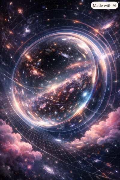A glowing, swirling cosmic orb in a colorful galaxy.