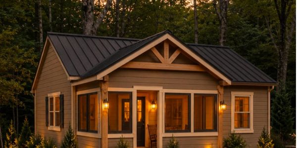 Cozy cabin lit warmly in wooded area at dusk.