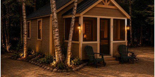 Cozy lit cabin at night surrounded by trees.