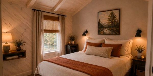 Cozy bedroom with warm lighting and earthy tones.