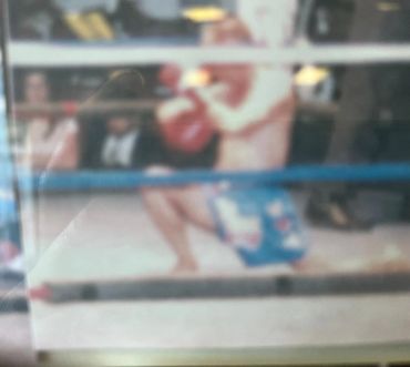 A boxer in blue shorts kneeling in the ring with red gloves.