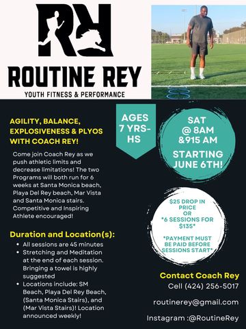 Youth fitness program flyer with coach on field and training details.