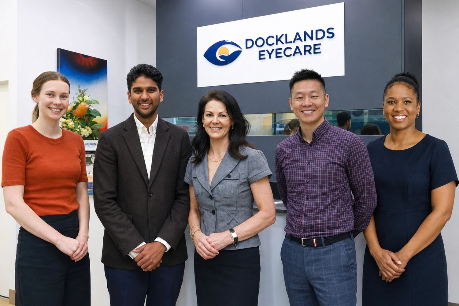 A group of five professionals smiling at Docklands Eyecare.
