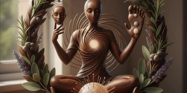 Surreal wooden figure with swirling patterns and symbolic elements.