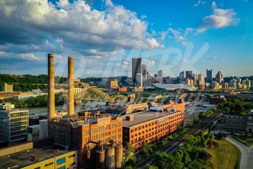 Heinz kraft company with Pittsburgh in the background during sunset.