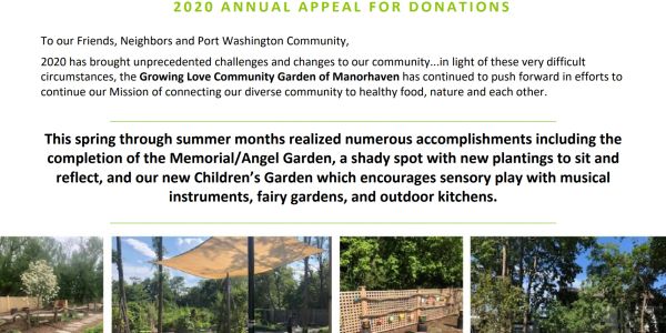 2020 donation appeal for Growing Love Community Garden with new garden features.