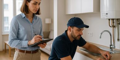 Technician fixing a kitchen sink with woman taking notes.