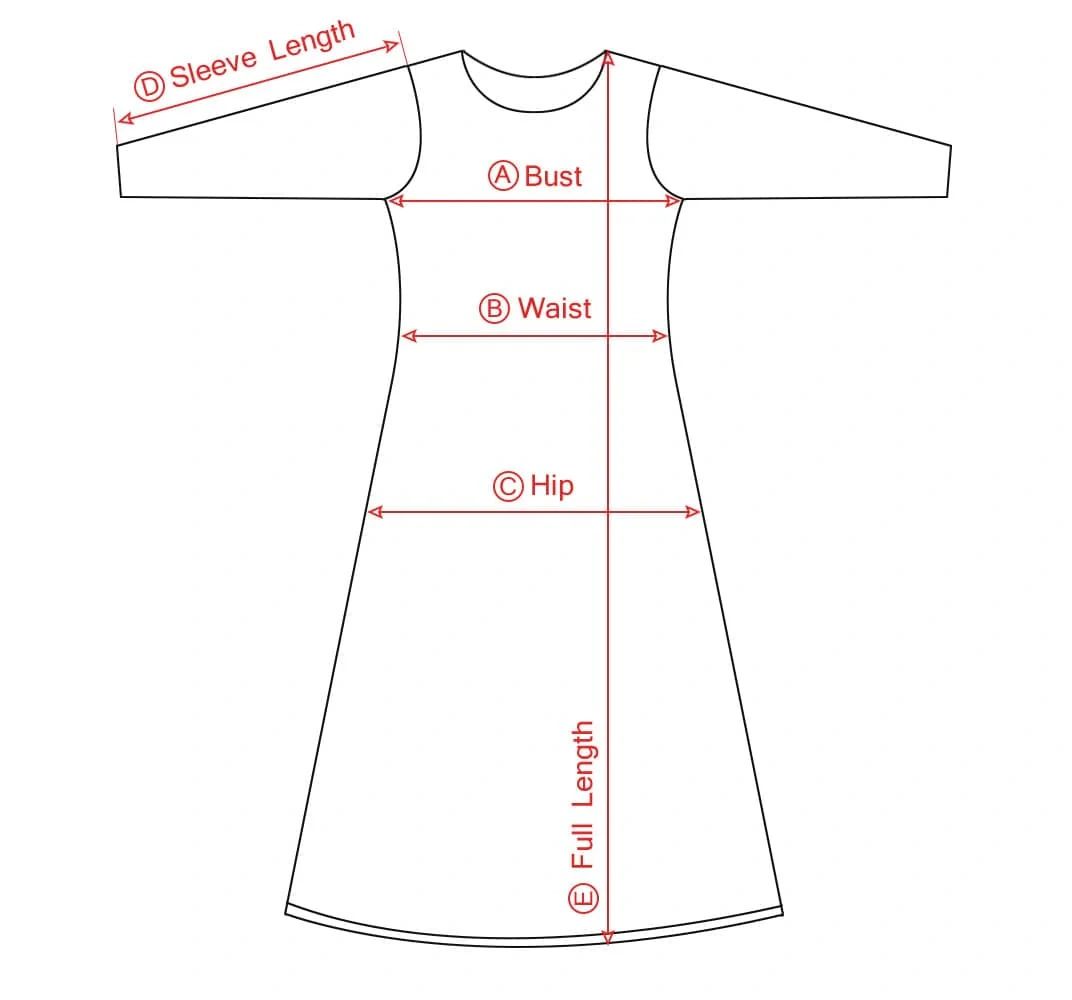 Diagram showing dress measurements: bust, waist, hip, sleeve length, and full length.