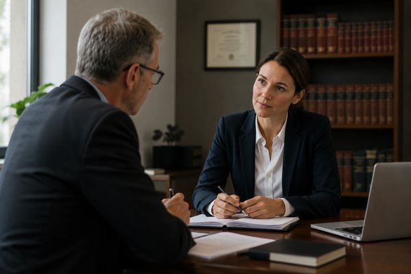 A woman attentively listens to a man during a professional meeting in an office.