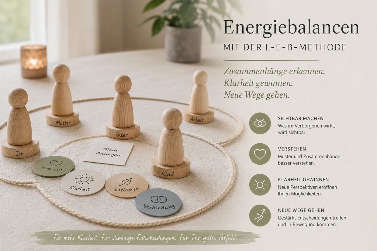 Wooden figures illustrate family energy balance using the L-E-B method for clarity and new paths.