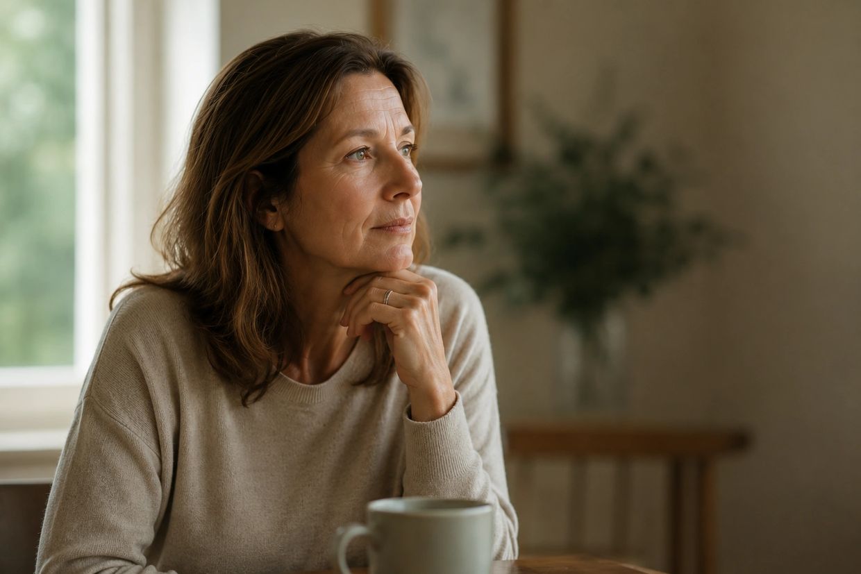 Thoughtful middle-aged woman gazing out window with a cup of coffee.