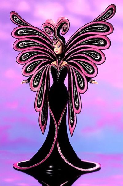 Barbie Collectible Bob Mackie Papillon in un abito sirena nero e rosa. Superba porcellana