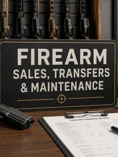Firearm sales and transfer sign with gun and transfer record.