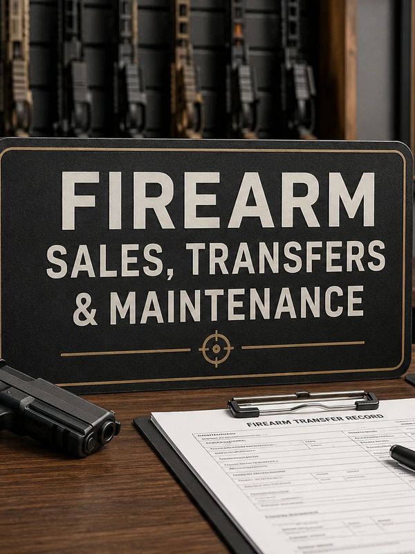 Firearm sales and transfer sign with gun and transfer record.