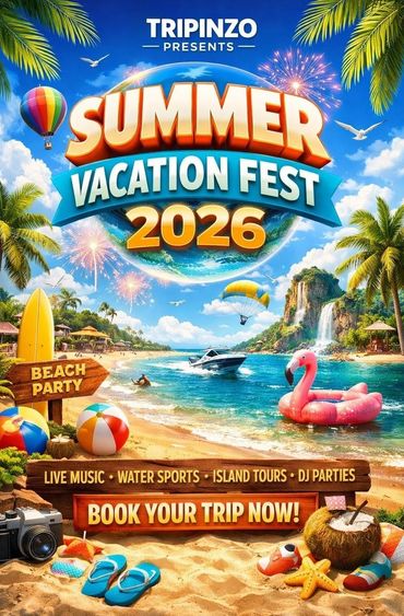 Vibrant poster for Summer Vacation Fest 2026 with beach and party elements.