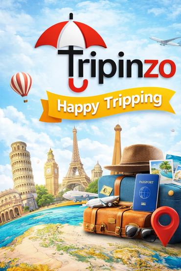 Travel-themed image with iconic landmarks, luggage, and the Tripinzo logo.
