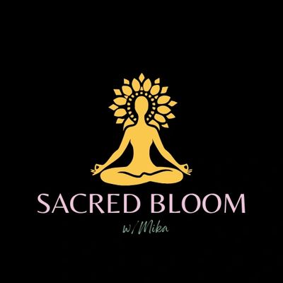 Silhouette of a person meditating with a lotus-like halo and the text 'SACRED BLOOM w/ Mika'.
