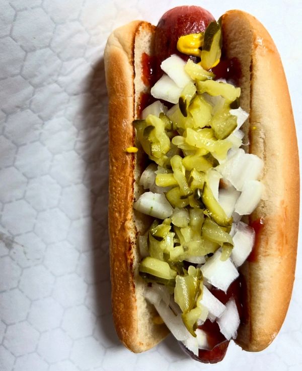 1/4 pound all beef hotdog with onions, pickles, ketchup, mustard.
