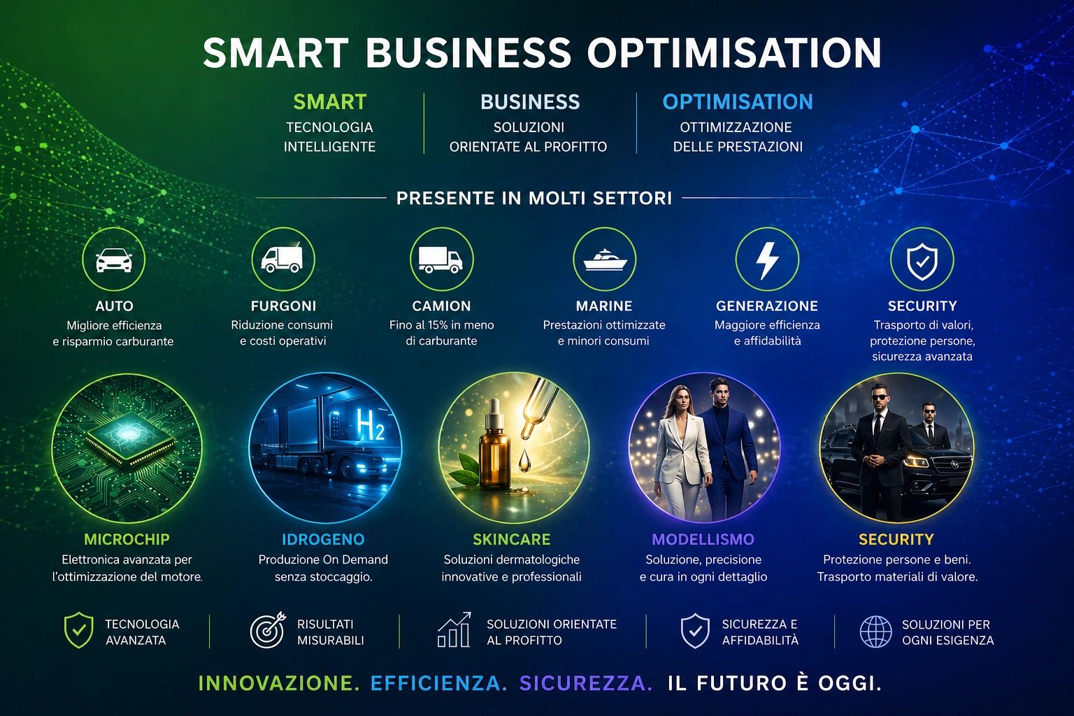 Infographic on smart business optimization across various sectors like auto, marine, skincare, and security.