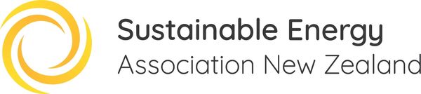 Logo of Sustainable Energy Association New Zealand with a yellow circular swirl.