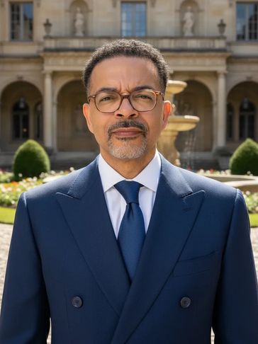 Man in a navy suit and glasses standing outside a grand building with a fountain.