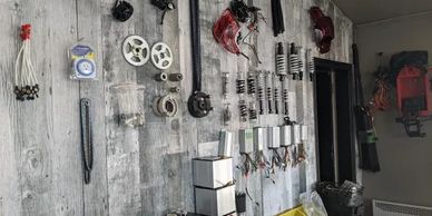 Various electrical components neatly arranged on a wall.