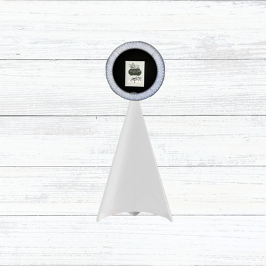 A modern photo booth with a ring light on a white wooden floor.