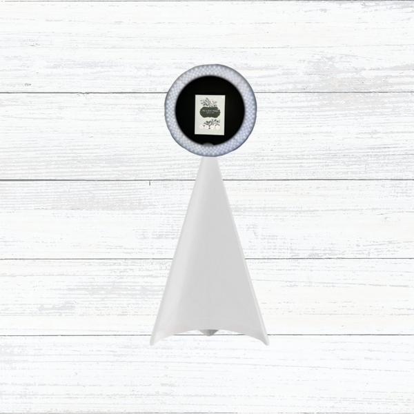 A modern photo booth with a ring light on a white wooden floor.