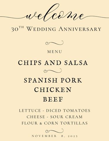 Welcome sign for a 30th wedding anniversary menu.