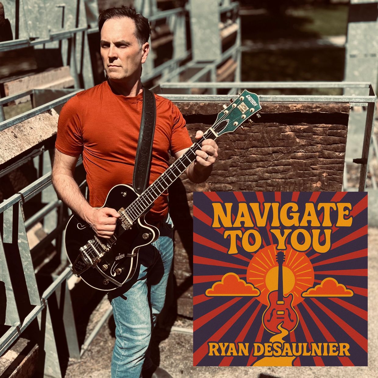 Man playing guitar with album cover art for "Navigate To You" by Ryan Desaulnier.