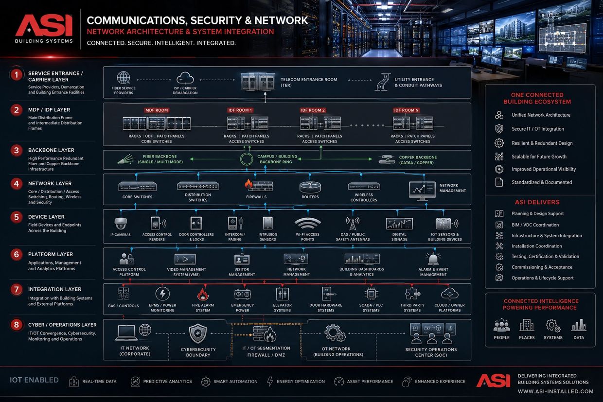Diagram showcasing ASI's integrated communication, security, and network architecture layers for building systems.