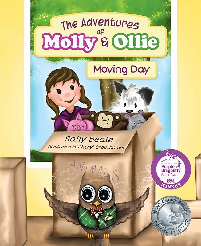 Molly and Ollie and Henri around a moving box filled with toy animals.