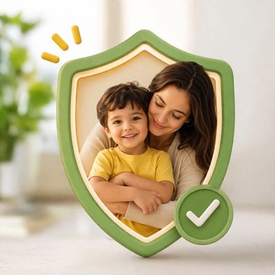 Mother and child embraced inside a green shield symbolizing protection.