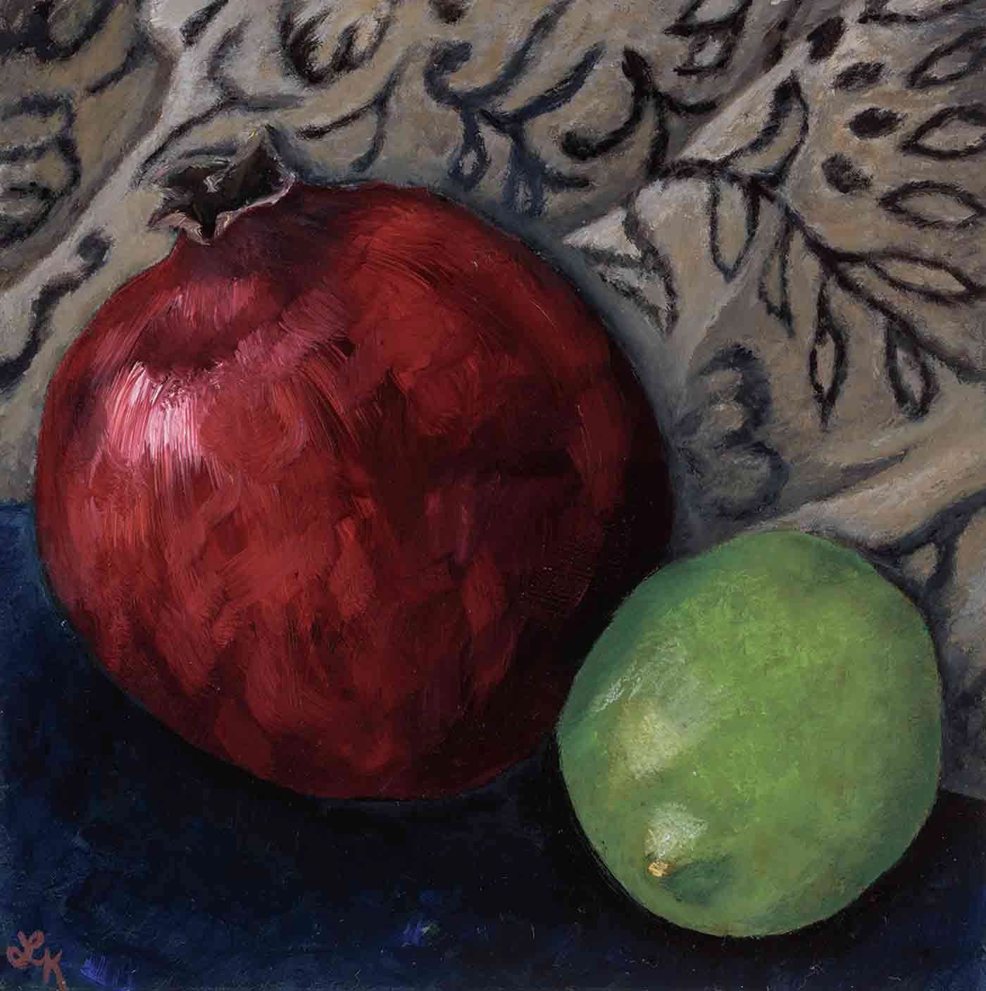 Still life of pomegranate and a lime painted in an impressionist style.
