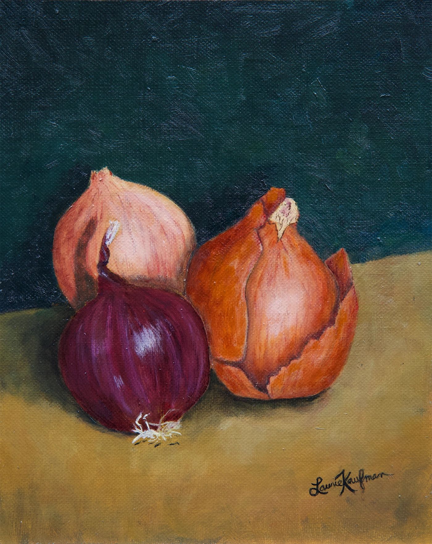Still life oil painting of onions. Renaissance inspired color palette.