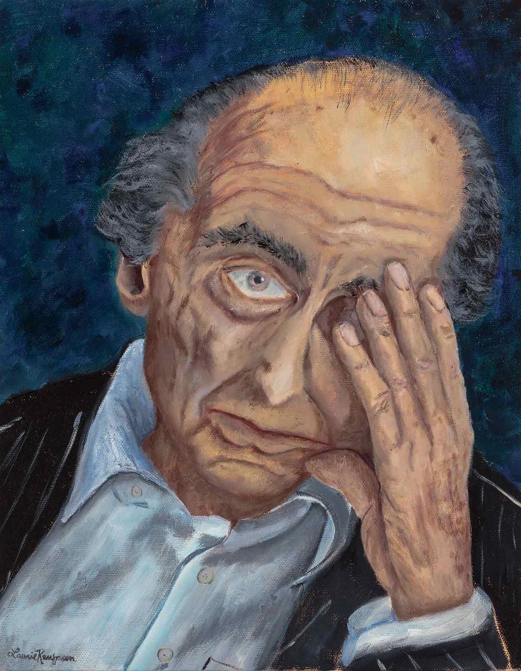 Portrait of an old man holding his head in his hand.