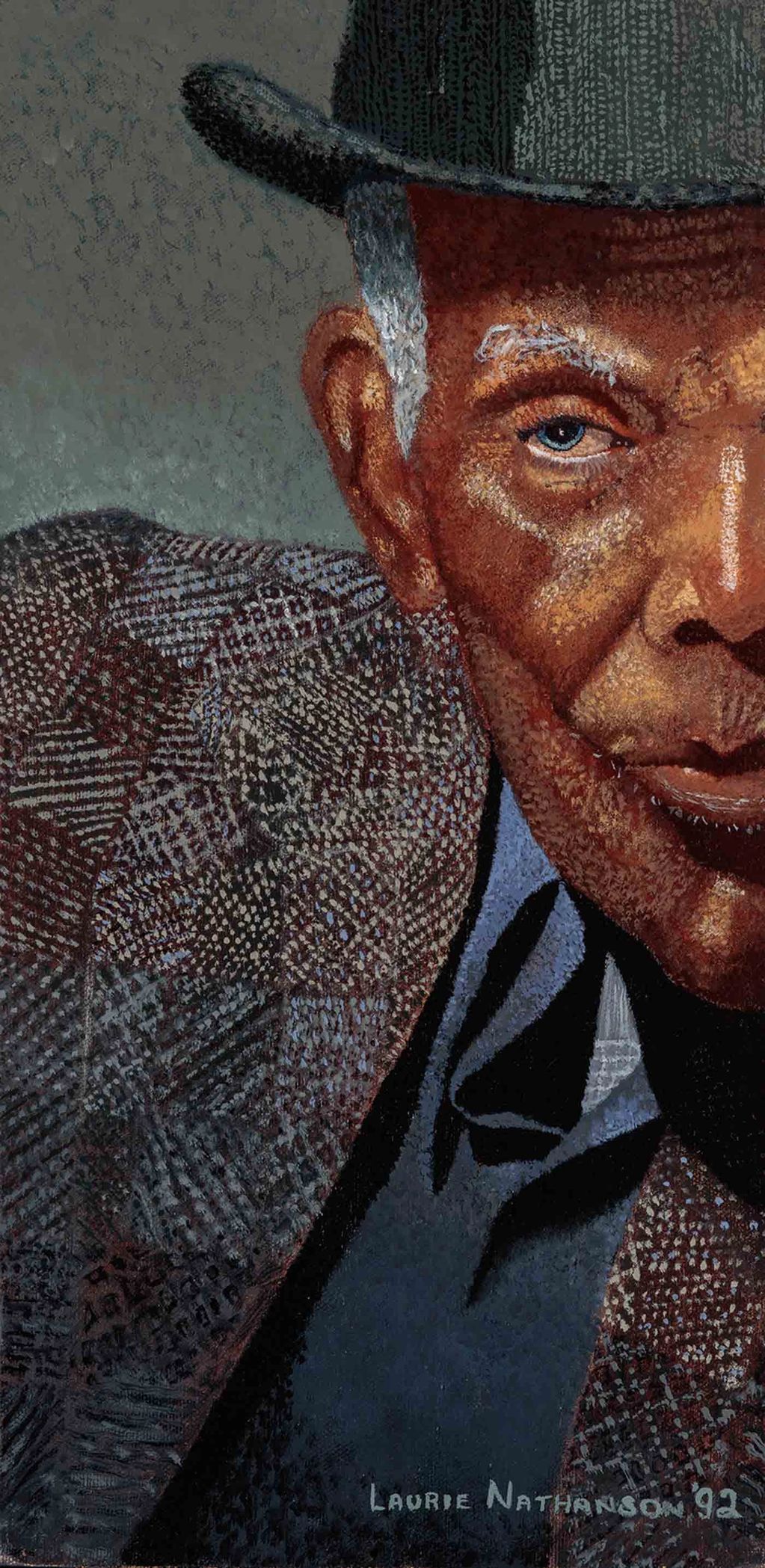 Oil Portrait of a black man dressed to the nines with only half his face visible.