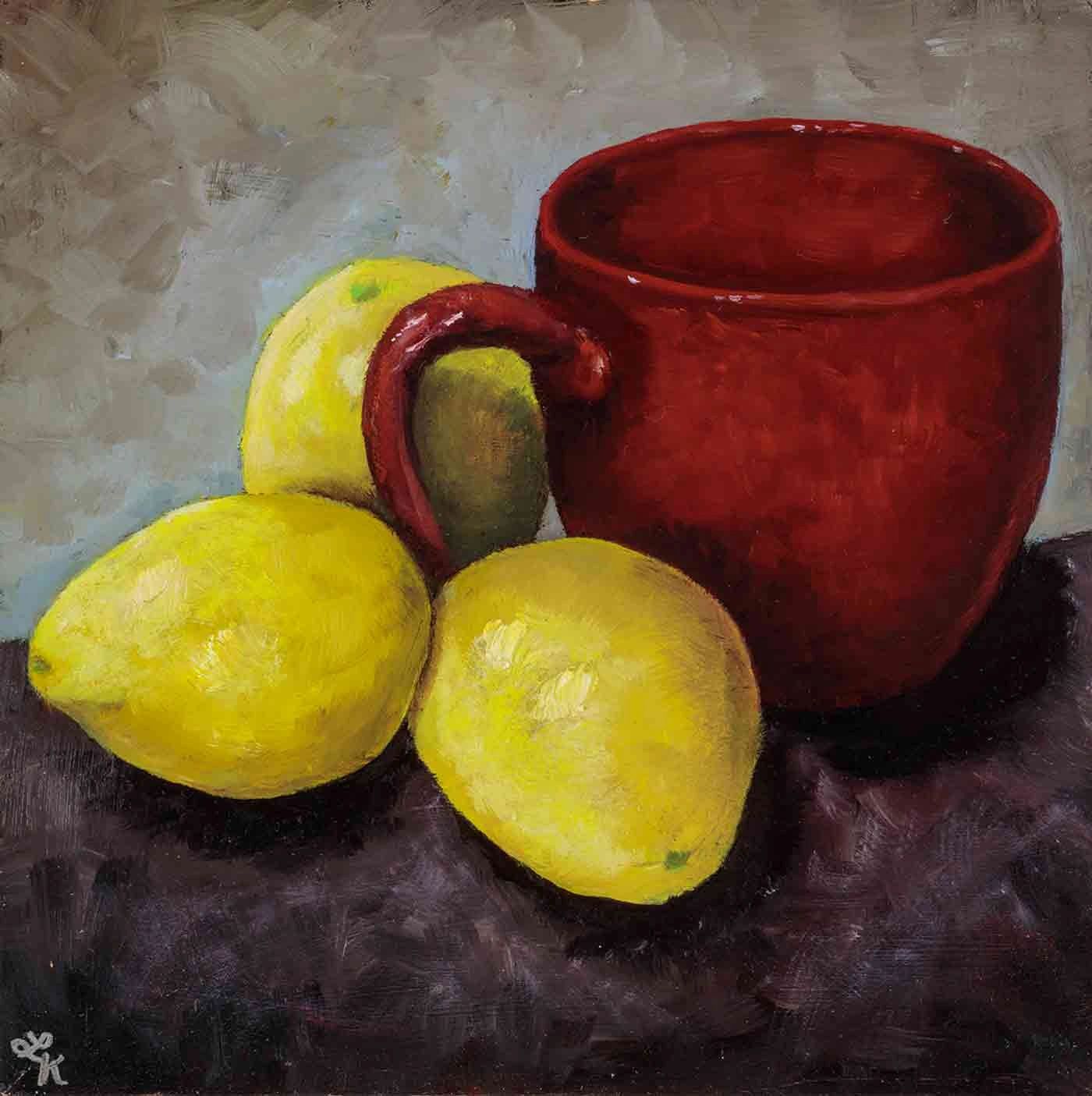 Still life oil painting of red mug and 3 lemons.