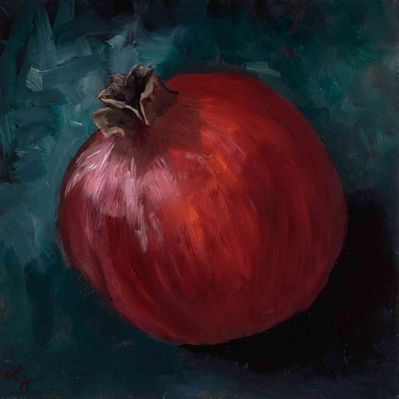 Realistic pomegranate painted in oil on a teal background.