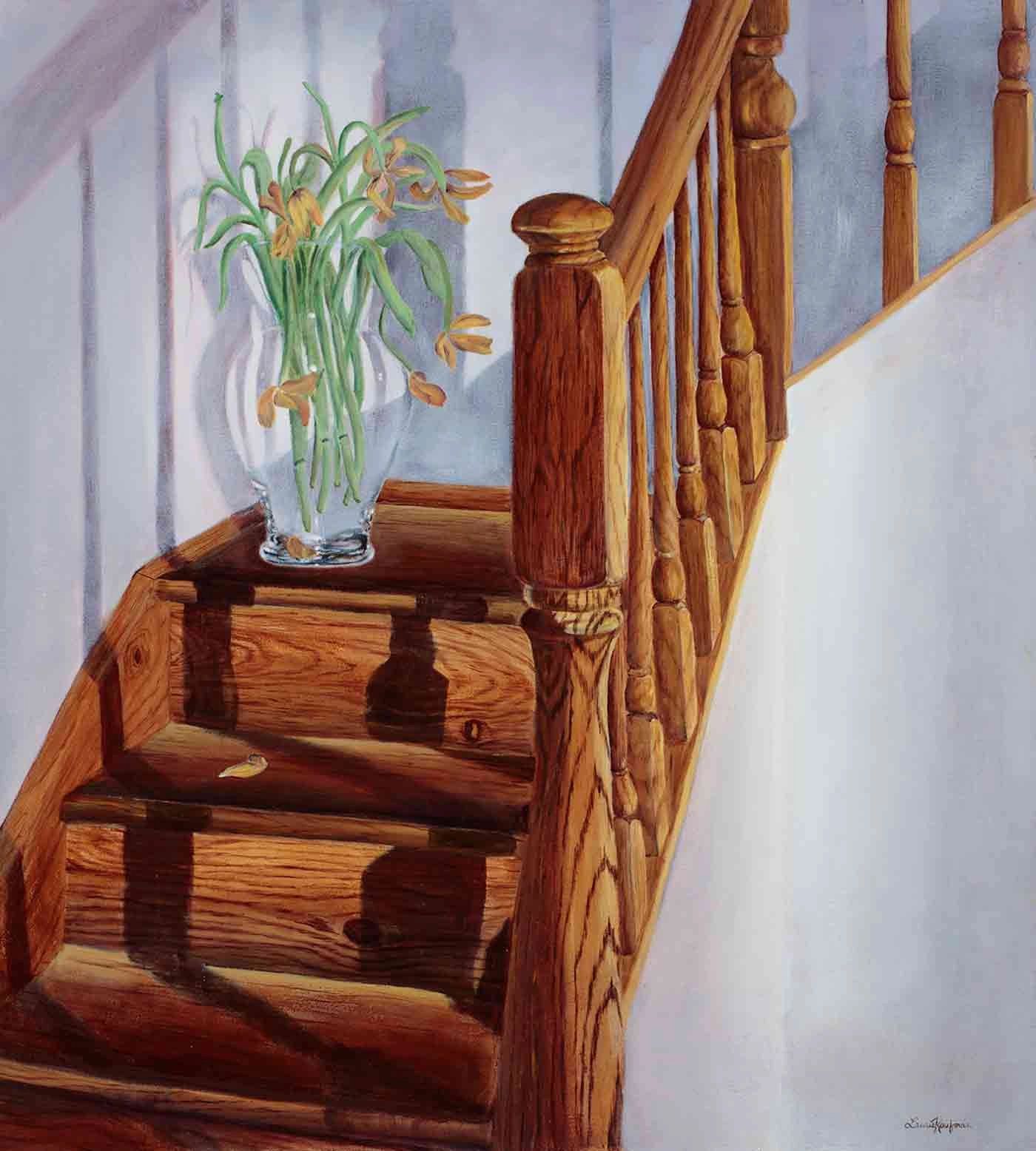 Realistic painting of a staircase in a NYC apartment, a vase of dying yellow tulips on the landing.