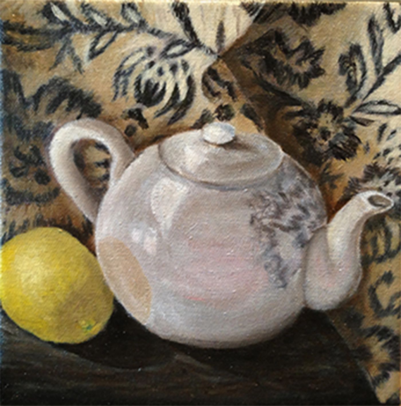 Still life painting of a white tea pot and a lemon