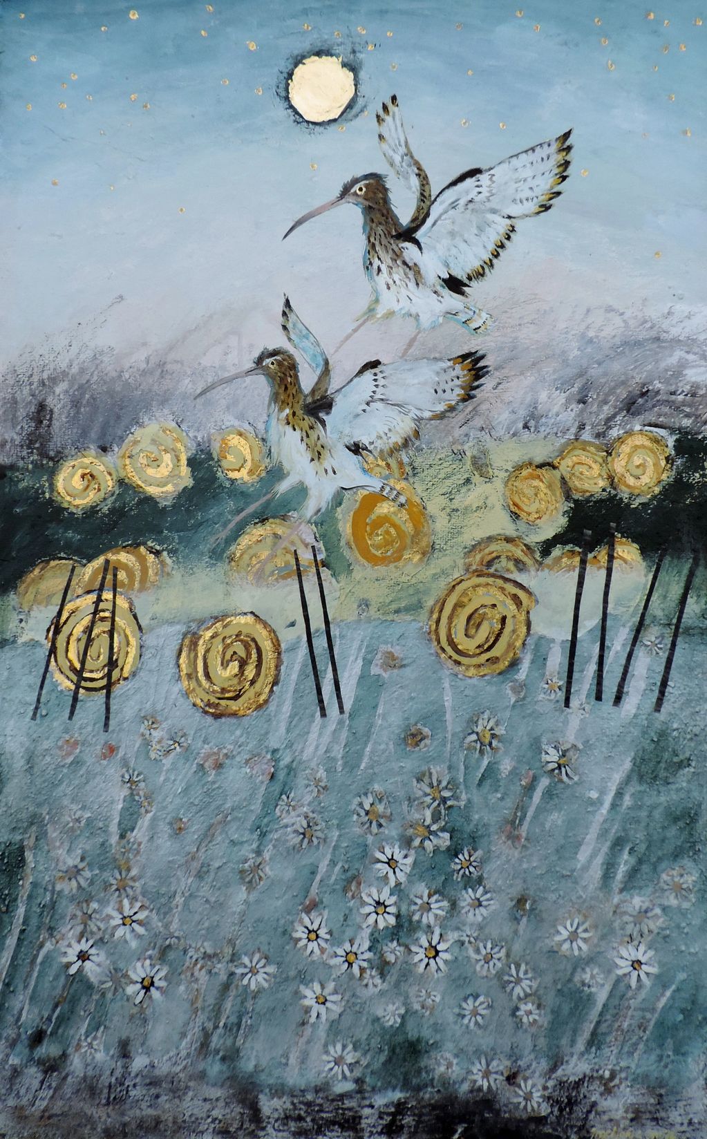 HAYBALE CURLEWS £800. Image size 39x65cm. Textured white hand finished frame with gold slip.