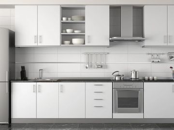 modern minimalist kitchen, slab cabinet doors, European cabinets black and white kitchen