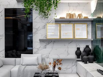 Marble walls with floating shelves, custom living space, modern living