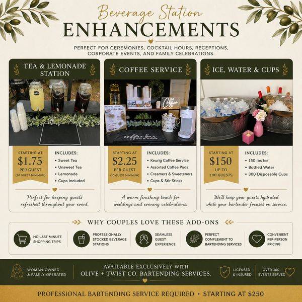 Beverage station enhancements including tea, coffee, and ice with cups for events.