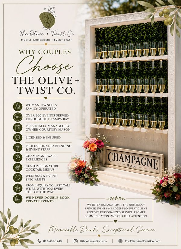 Elegant champagne wall display with floral accents and event service details.