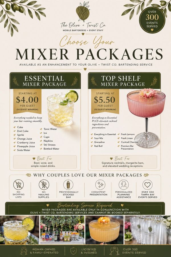 Flyer showcasing two mixer packages with prices, benefits, and features from The Olive + Twist Co.