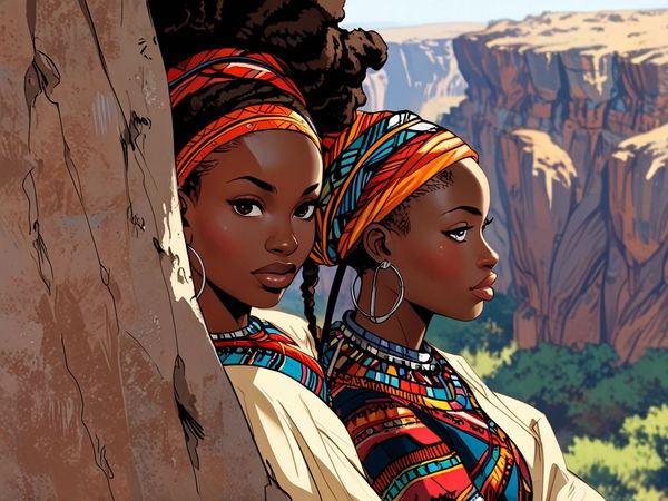 illustration of two Island women looking over a valley gorge at the vast lands. Love for homeland.